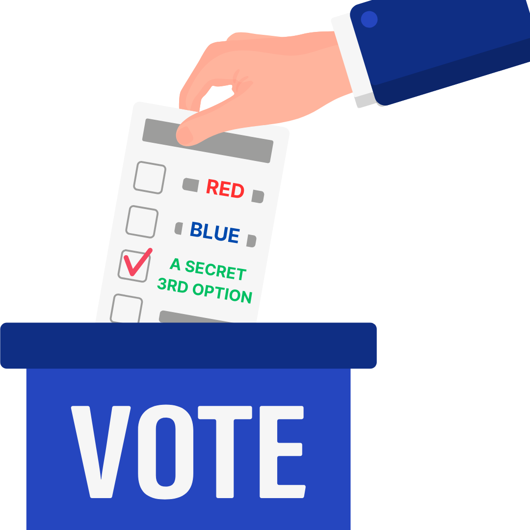 An illustration of a hand dropping a ballot into a box that reads "VOTE." On the ballot, two check boxes read "RED" and "BLUE" and a third check box has a check and reads "A SECRET THIRD OPTION"