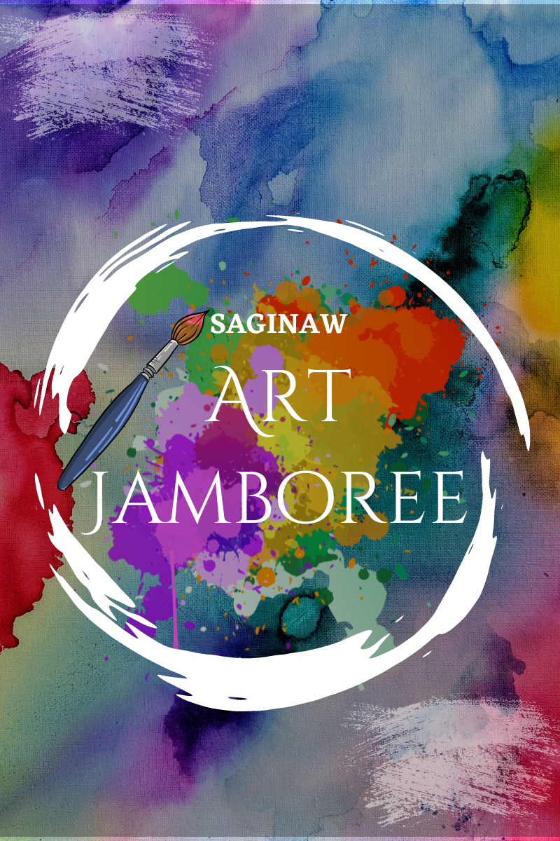 Colorful image with rainbow paint splatters and an illustrated paintbrush. Text reads "Saginaw Art Jamboree"